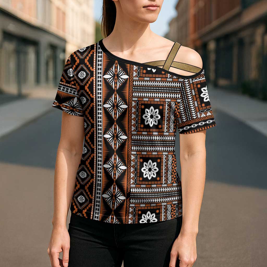 Fiji Masi Tapa Pattern Orange Cross Shoulder Shirt - Polynesian Pride