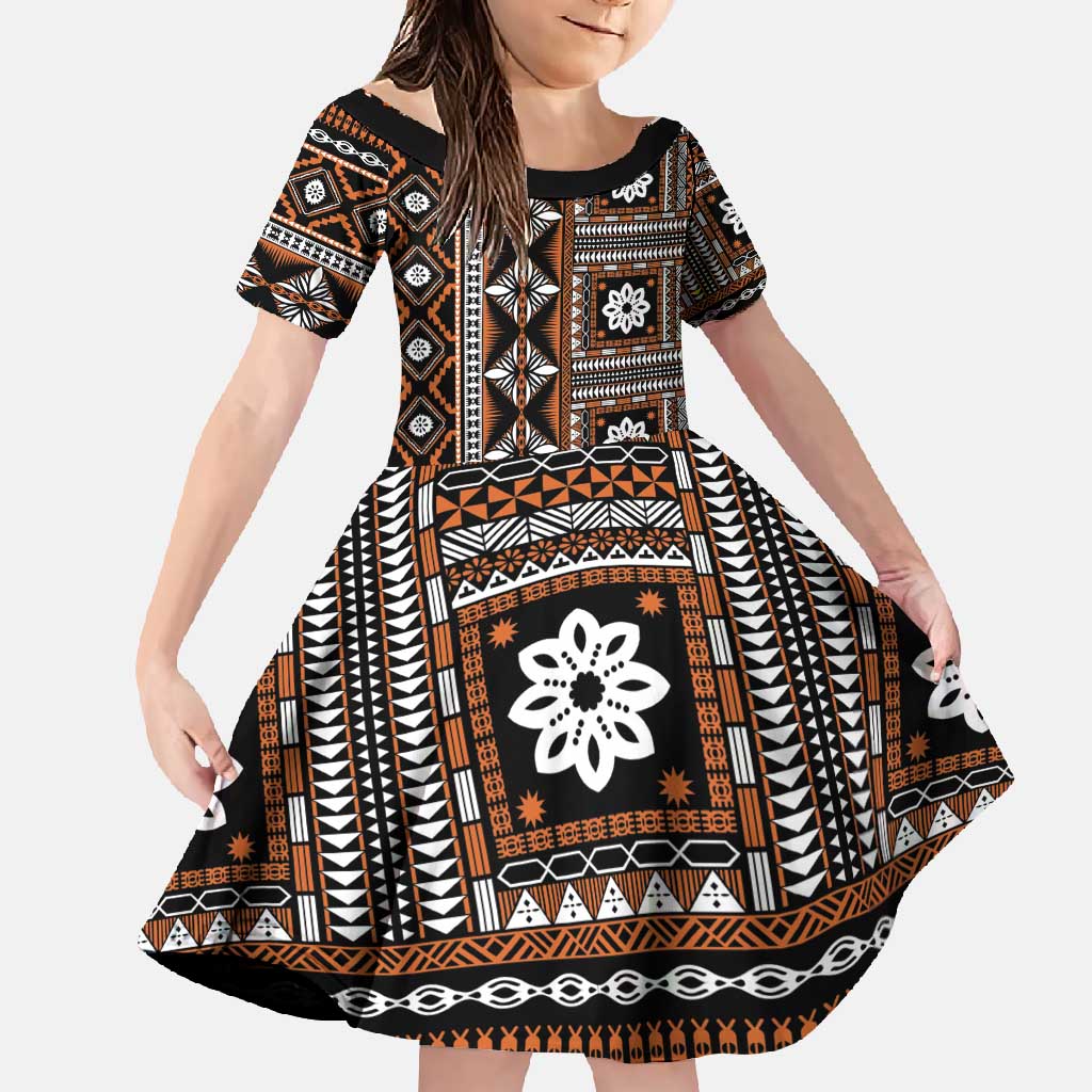 Fiji Masi Tapa Pattern Orange Family Matching Mermaid Dress and Hawaiian Shirt - Polynesian Pride