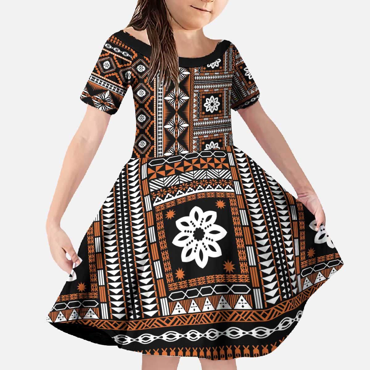 Fiji Masi Tapa Pattern Orange Family Matching Off The Shoulder Long Sleeve Dress and Hawaiian Shirt - Polynesian Pride