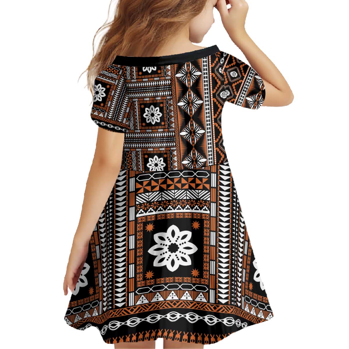 Fiji Masi Tapa Pattern Orange Family Matching Off The Shoulder Long Sleeve Dress and Hawaiian Shirt - Polynesian Pride