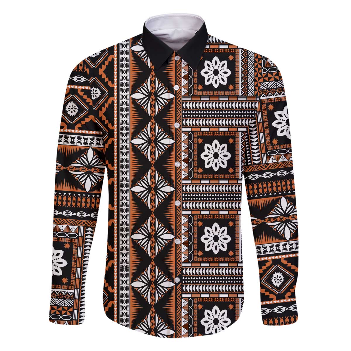 Fiji Masi Tapa Pattern Orange Family Matching Off The Shoulder Long Sleeve Dress and Hawaiian Shirt - Polynesian Pride