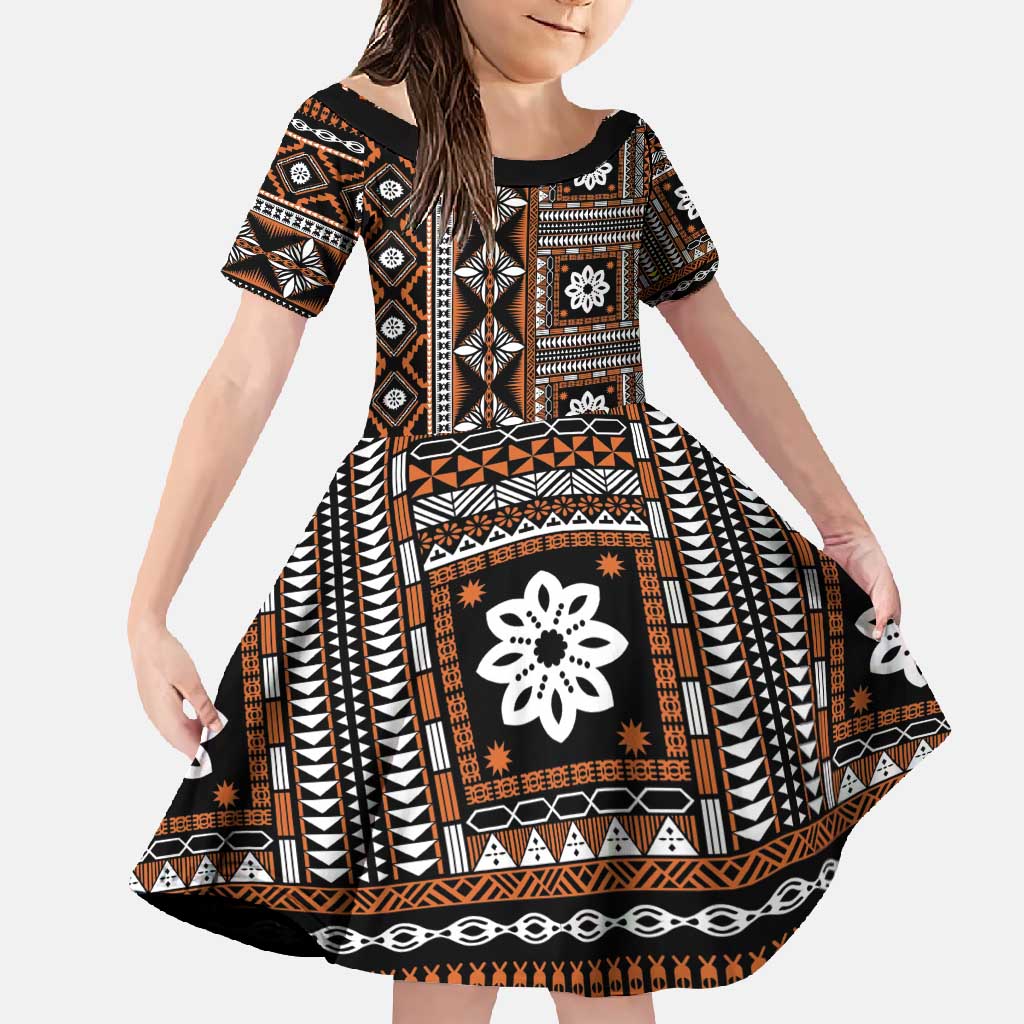 Fiji Masi Tapa Pattern Orange Family Matching Off Shoulder Maxi Dress and Hawaiian Shirt - Polynesian Pride