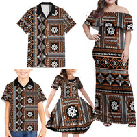 Fiji Masi Tapa Pattern Orange Family Matching Off Shoulder Maxi Dress and Hawaiian Shirt - Polynesian Pride