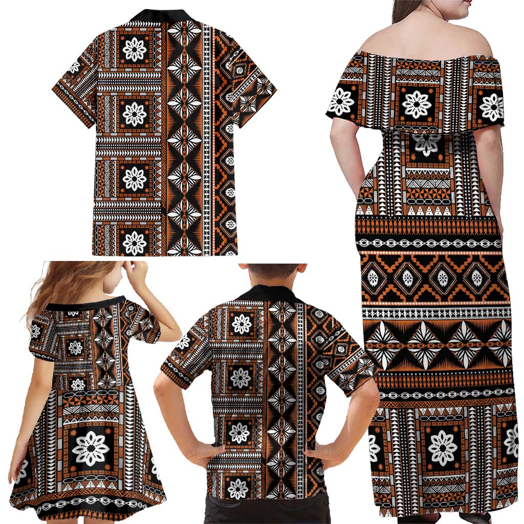 Fiji Masi Tapa Pattern Orange Family Matching Off Shoulder Maxi Dress and Hawaiian Shirt - Polynesian Pride