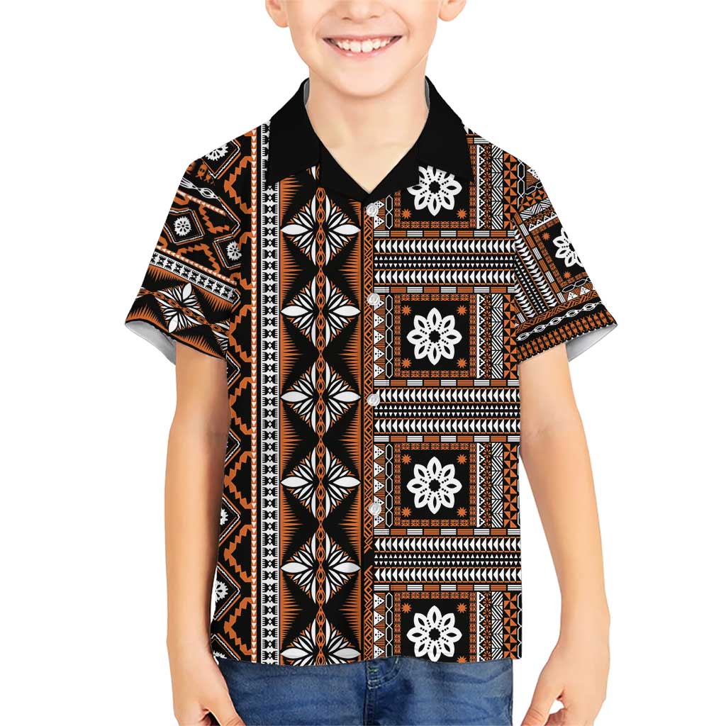 Fiji Masi Tapa Pattern Orange Family Matching Short Sleeve Bodycon Dress and Hawaiian Shirt - Polynesian Pride