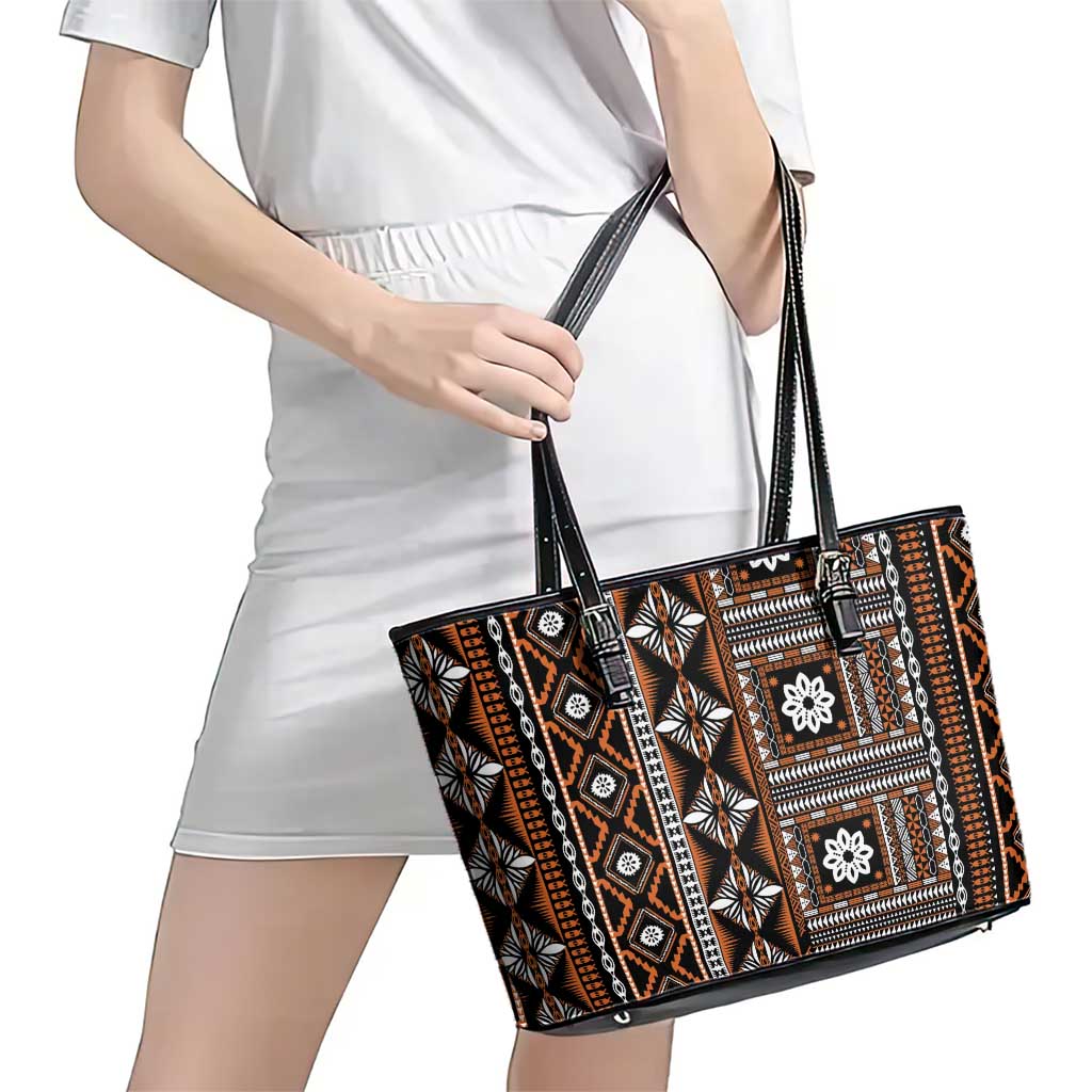 Fiji Masi Tapa Pattern Orange Leather Tote Bag - Polynesian Pride