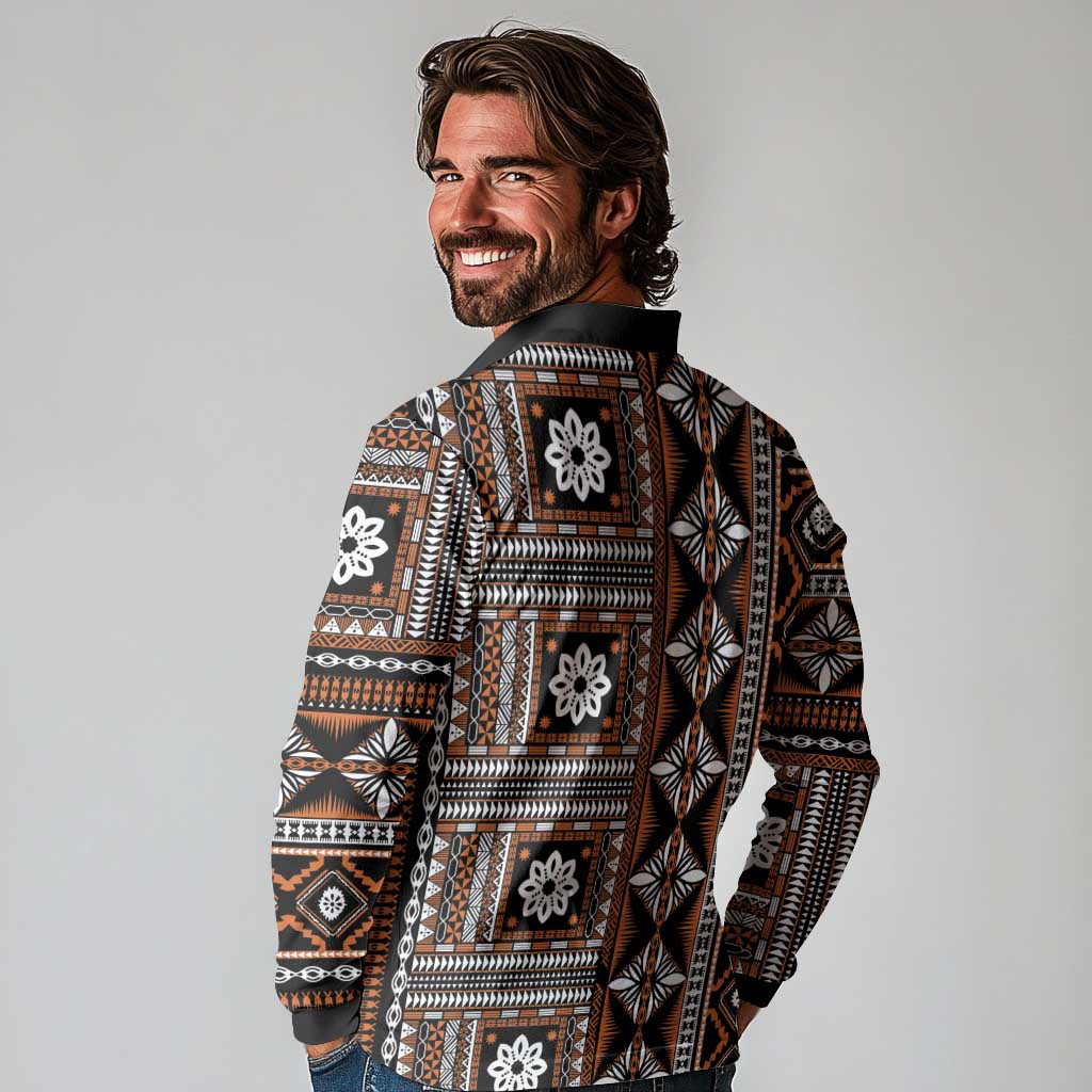 Fiji Masi Tapa Pattern Orange Long Sleeve Polo Shirt - Polynesian Pride