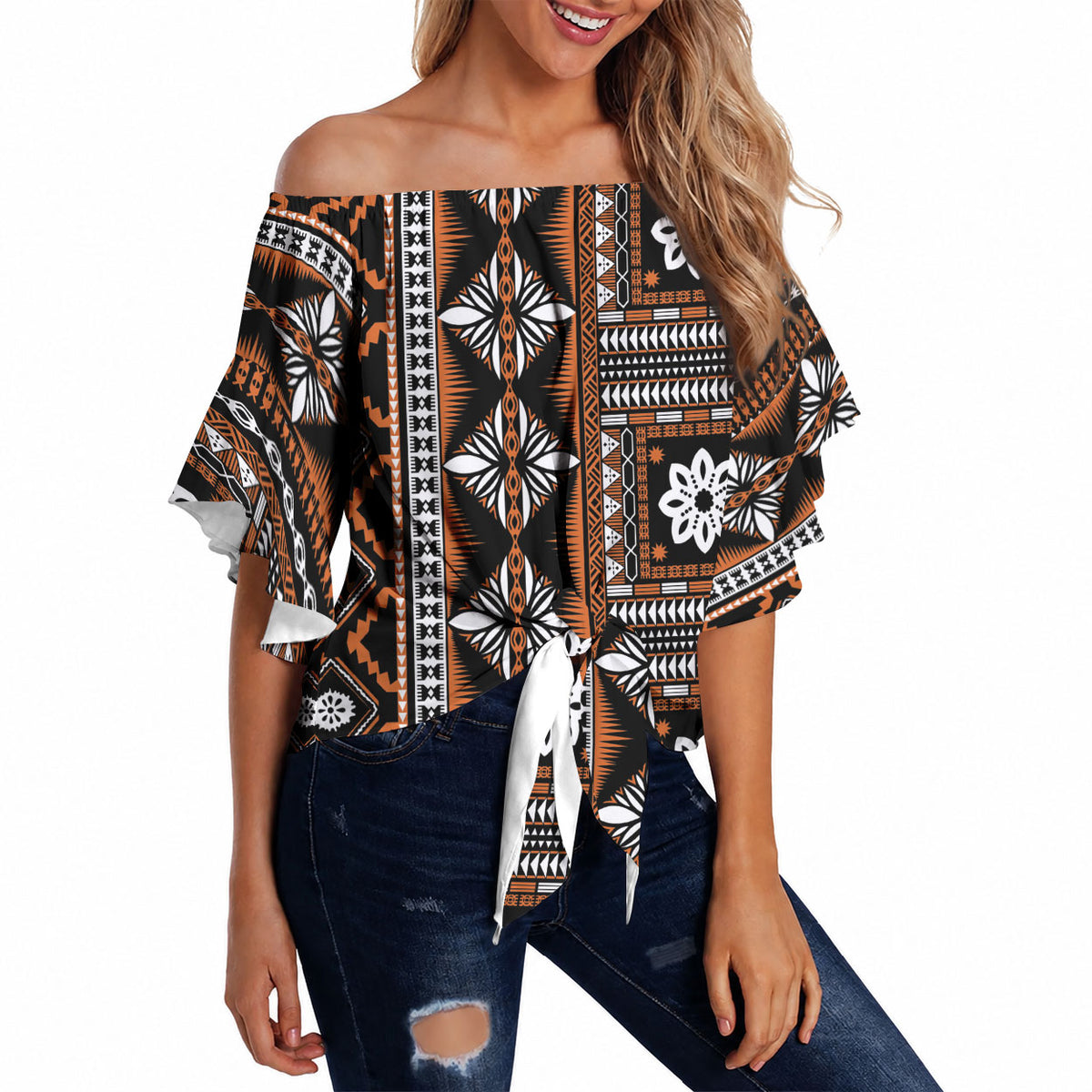 Fiji Masi Tapa Pattern Orange Off Shoulder Wrap Waist Top LT01 - Polynesian Pride