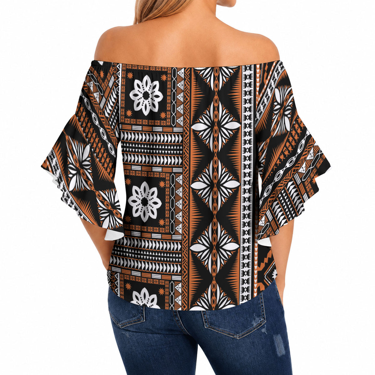Fiji Masi Tapa Pattern Orange Off Shoulder Wrap Waist Top LT01 - Polynesian Pride