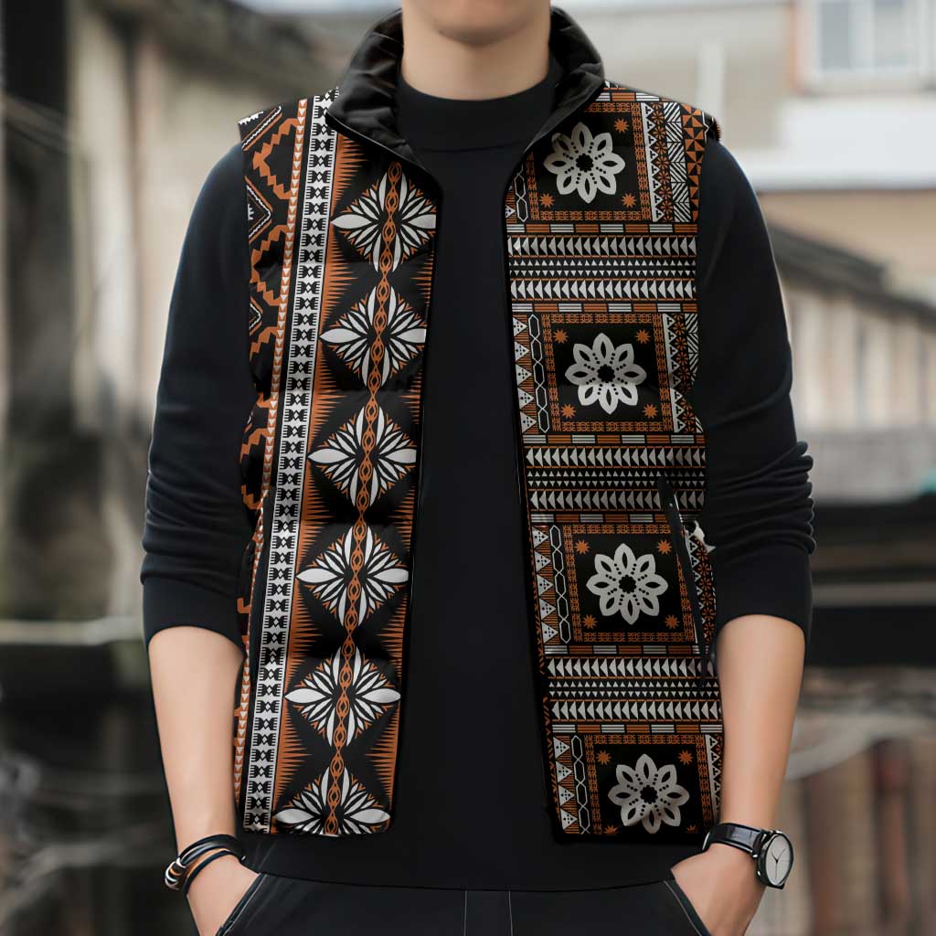 Fiji Masi Tapa Pattern Orange Sleeveless Puffer Jacket - Polynesian Pride