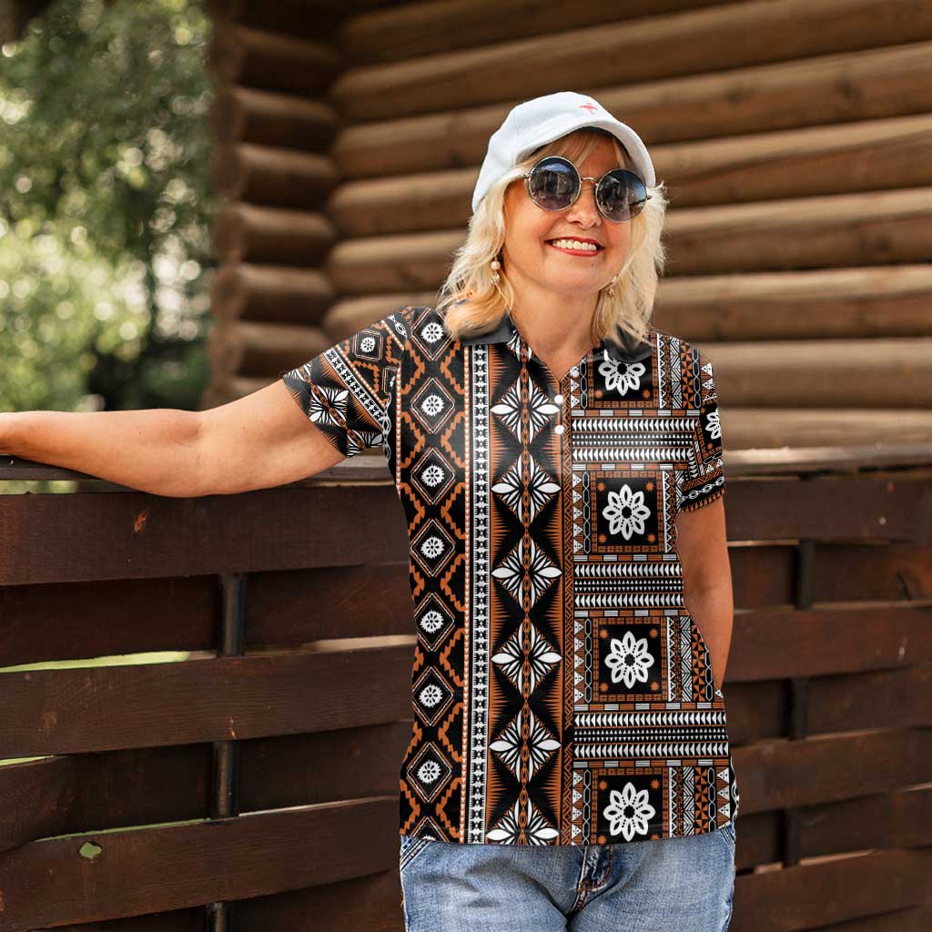 Fiji Masi Tapa Pattern Orange Women Polo Shirt - Polynesian Pride