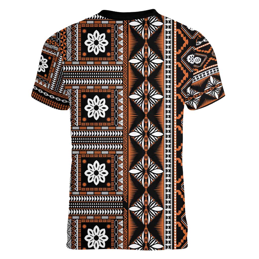 Fiji Masi Tapa Pattern Orange Women V-Neck T-Shirt - Polynesian Pride
