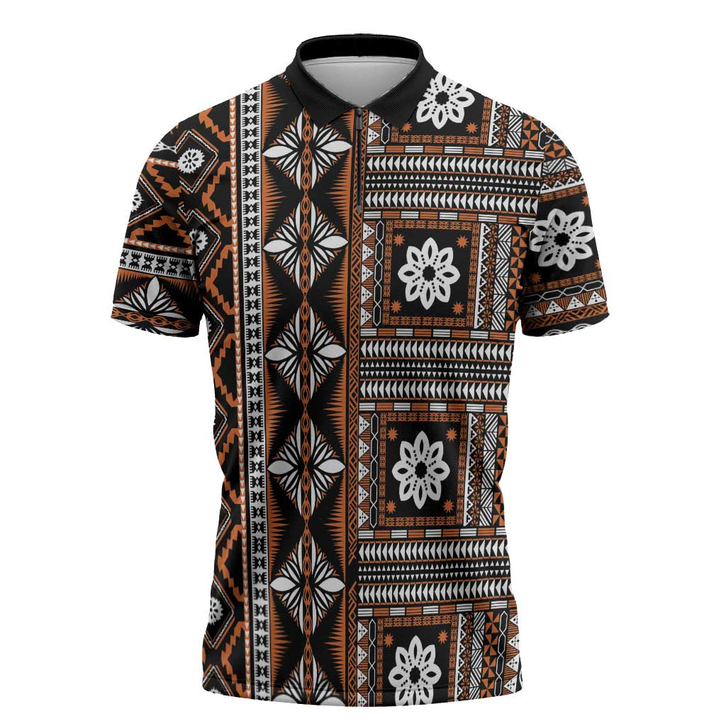 Fiji Masi Tapa Pattern Orange Zipper Polo Shirt - Polynesian Pride