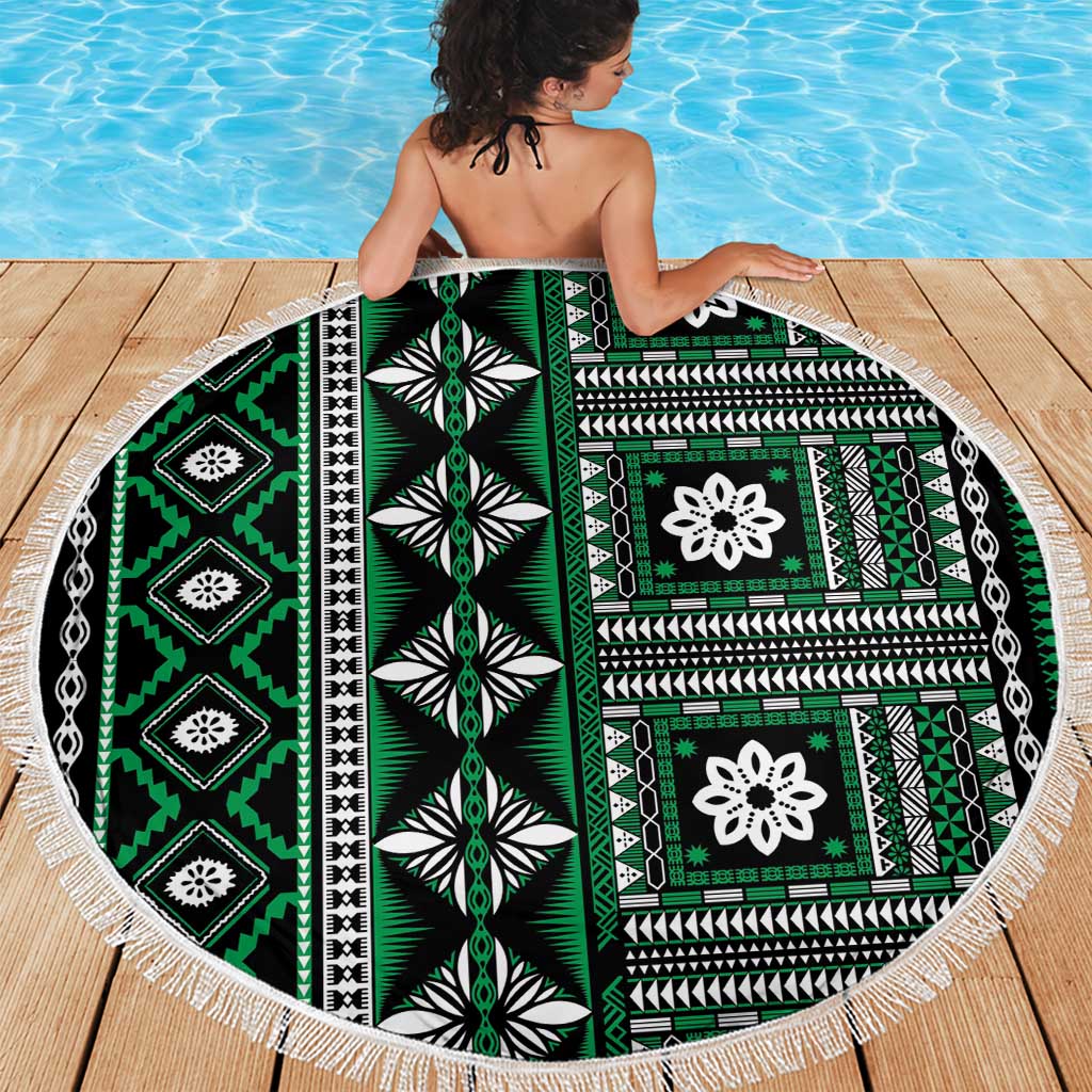 Fiji Masi Tapa Pattern Green Beach Blanket - Polynesian Pride
