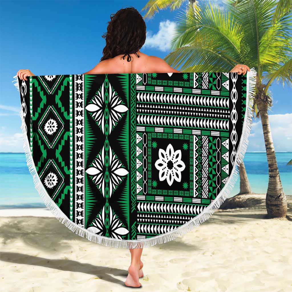 Fiji Masi Tapa Pattern Green Beach Blanket - Polynesian Pride
