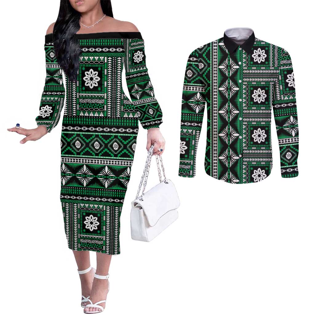 Fiji Masi Tapa Pattern Green Couples Matching Off The Shoulder Long Sleeve Dress and Long Sleeve Button Shirt - Polynesian Pride