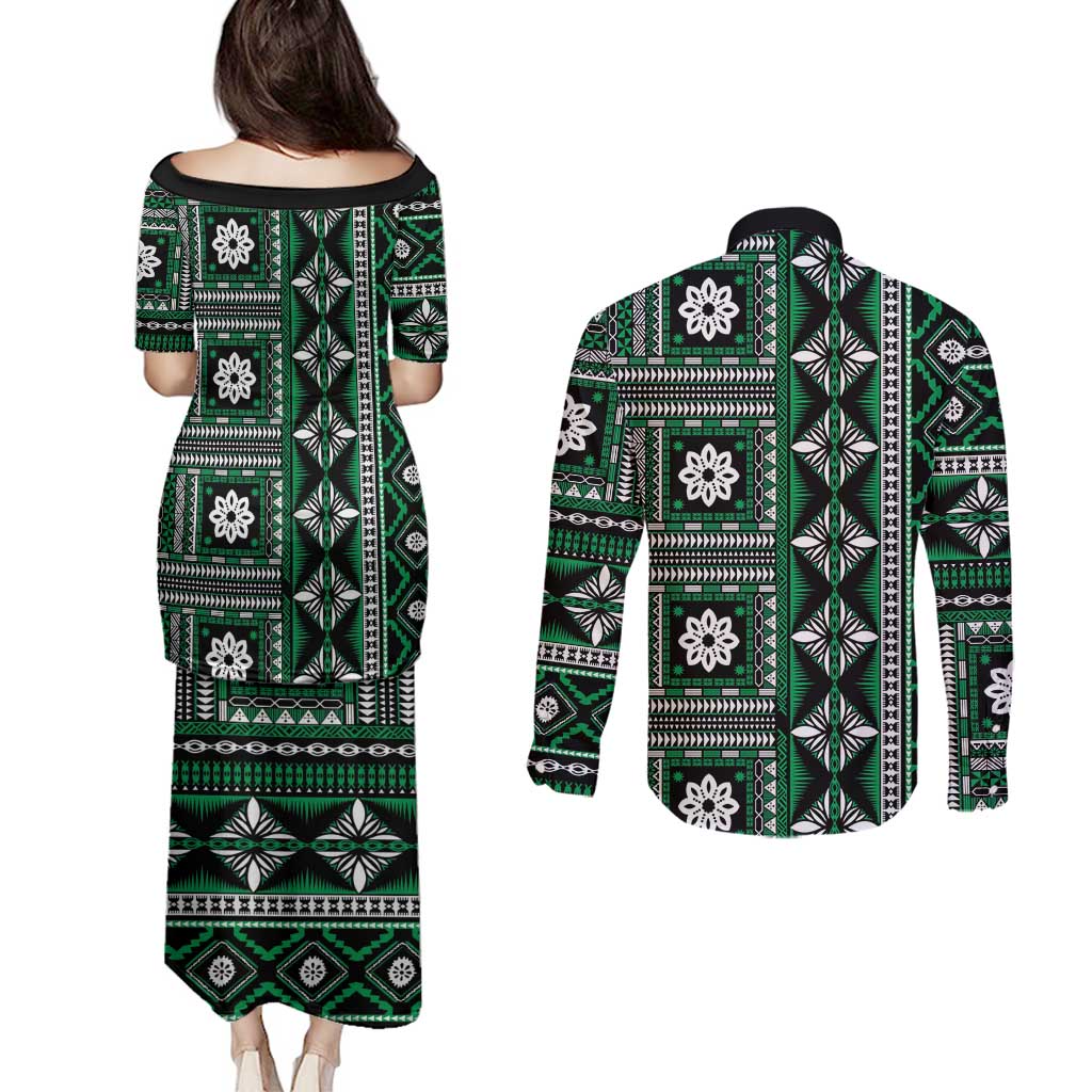 Fiji Masi Tapa Pattern Green Couples Matching Puletasi and Long Sleeve Button Shirt LT01 - Polynesian Pride