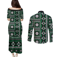Fiji Masi Tapa Pattern Green Couples Matching Puletasi and Long Sleeve Button Shirt LT01 - Polynesian Pride