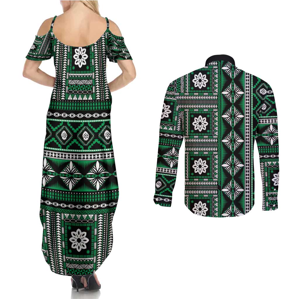Fiji Masi Tapa Pattern Green Couples Matching Summer Maxi Dress and Long Sleeve Button Shirt - Polynesian Pride