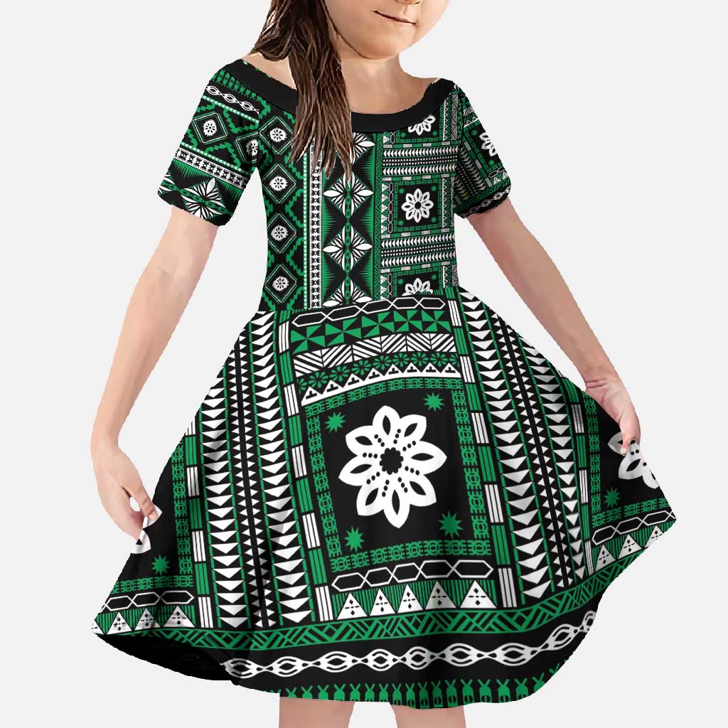 Fiji Masi Tapa Pattern Green Family Matching Long Sleeve Bodycon Dress and Hawaiian Shirt - Polynesian Pride