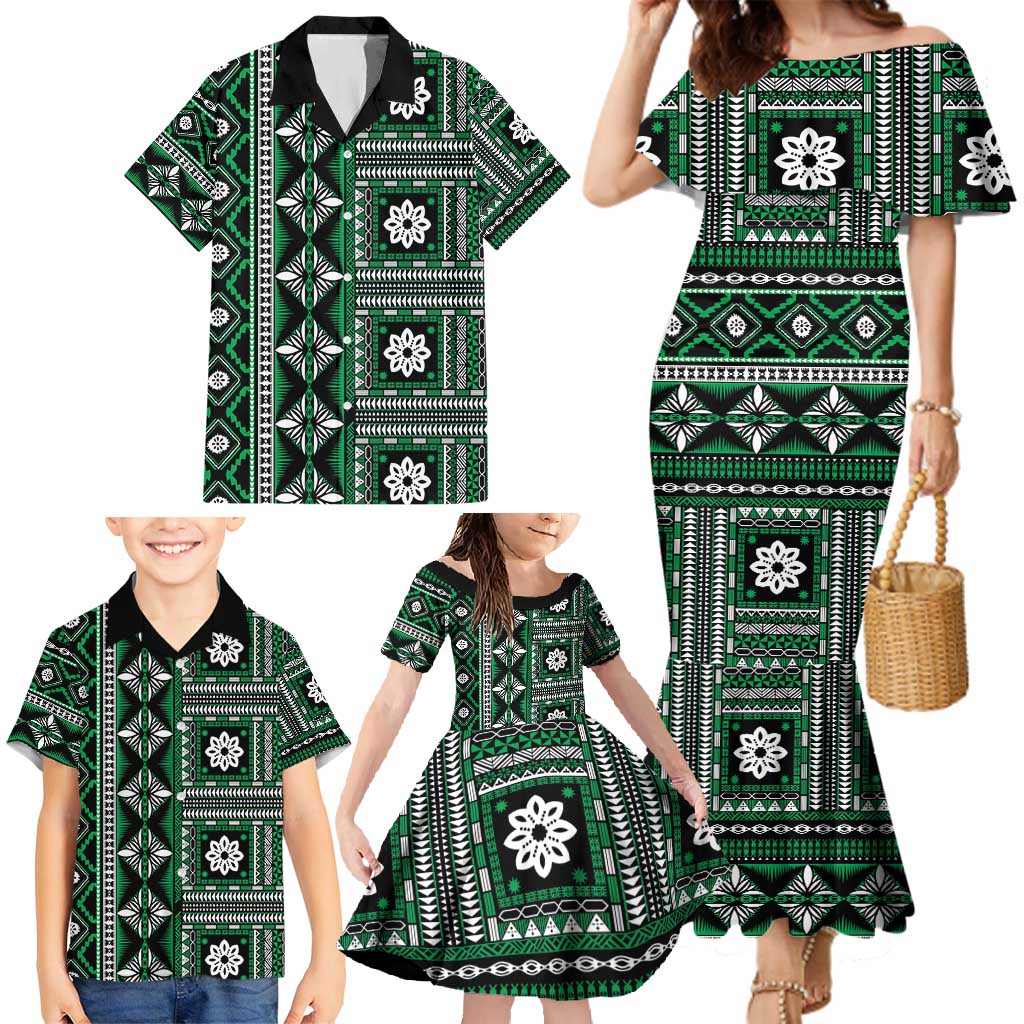 Fiji Masi Tapa Pattern Green Family Matching Mermaid Dress and Hawaiian Shirt - Polynesian Pride