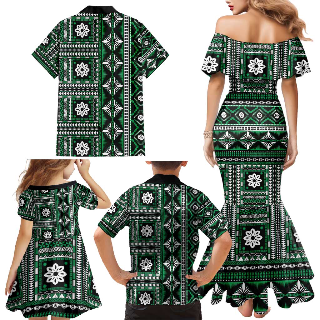 Fiji Masi Tapa Pattern Green Family Matching Mermaid Dress and Hawaiian Shirt - Polynesian Pride