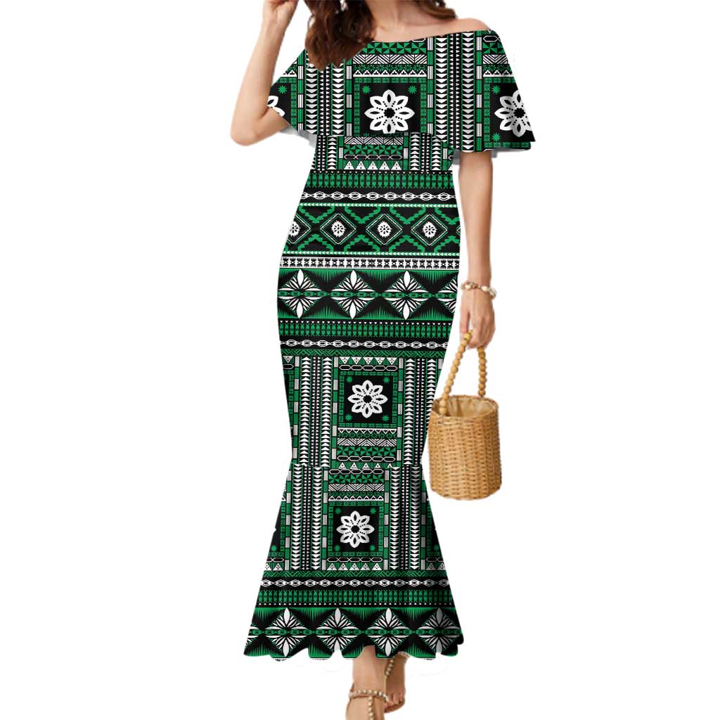 Fiji Masi Tapa Pattern Green Family Matching Mermaid Dress and Hawaiian Shirt - Polynesian Pride