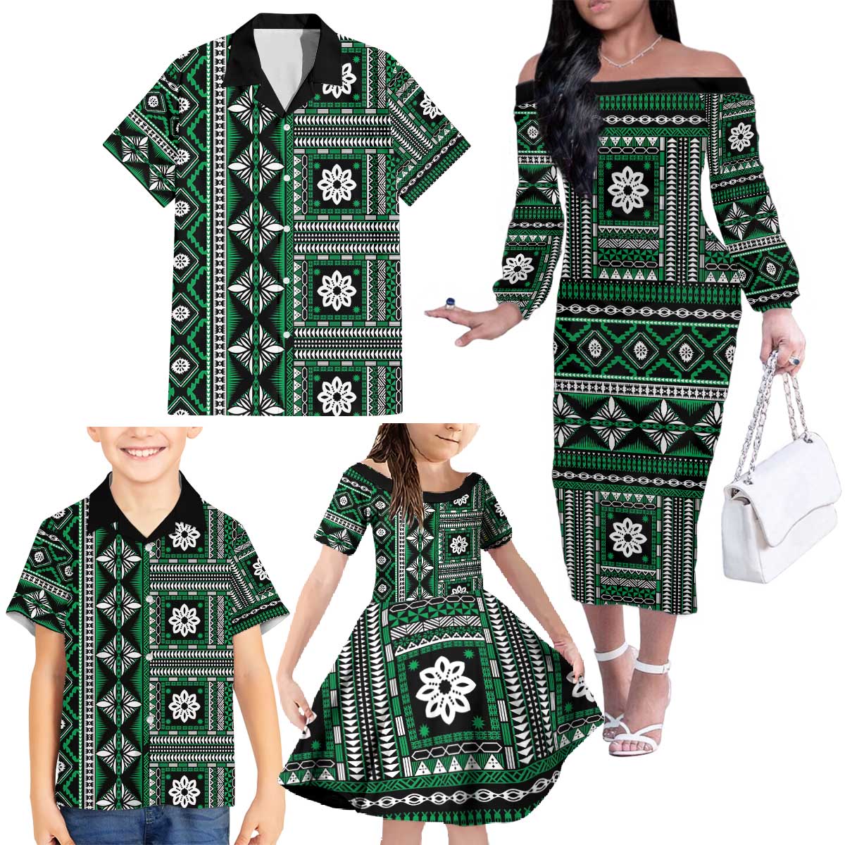 Fiji Masi Tapa Pattern Green Family Matching Off The Shoulder Long Sleeve Dress and Hawaiian Shirt - Polynesian Pride