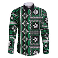 Fiji Masi Tapa Pattern Green Family Matching Off The Shoulder Long Sleeve Dress and Hawaiian Shirt - Polynesian Pride