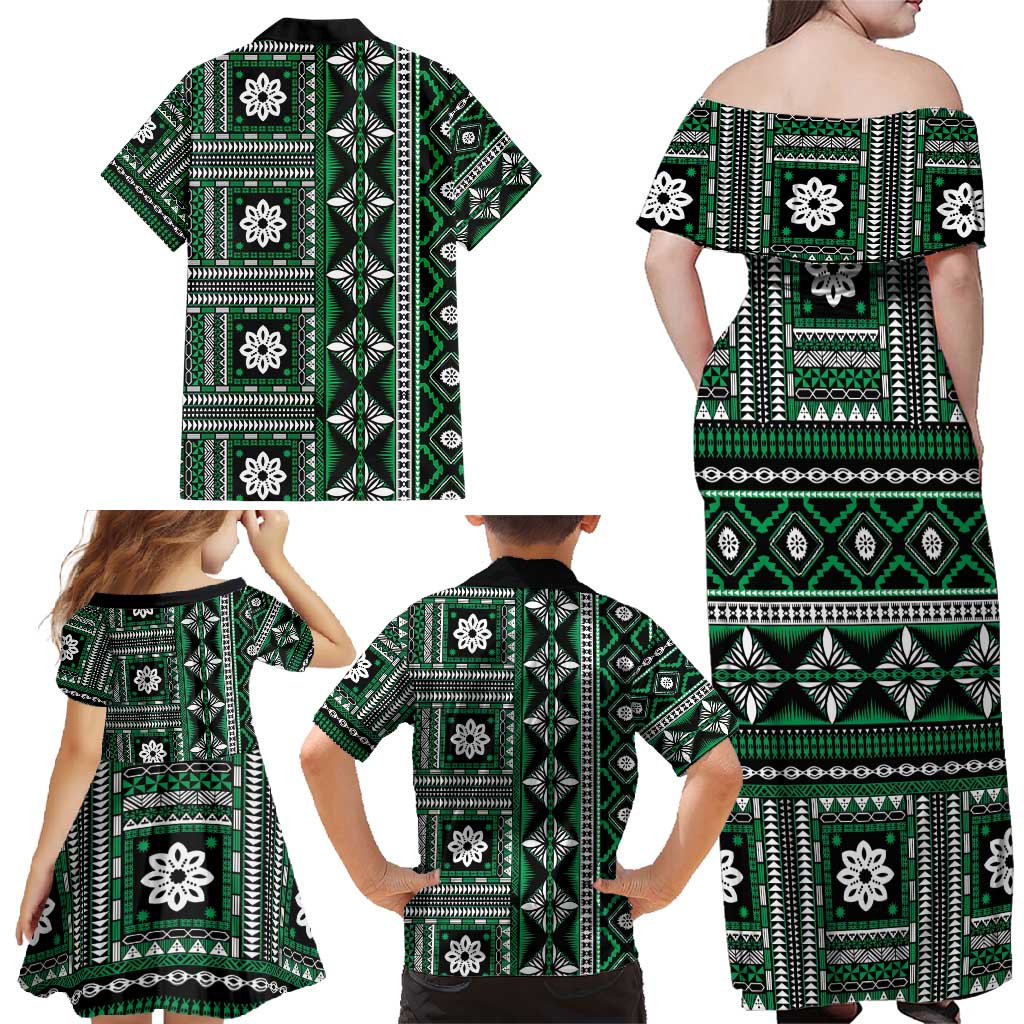 Fiji Masi Tapa Pattern Green Family Matching Off Shoulder Maxi Dress and Hawaiian Shirt - Polynesian Pride