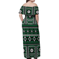 Fiji Masi Tapa Pattern Green Family Matching Off Shoulder Maxi Dress and Hawaiian Shirt - Polynesian Pride
