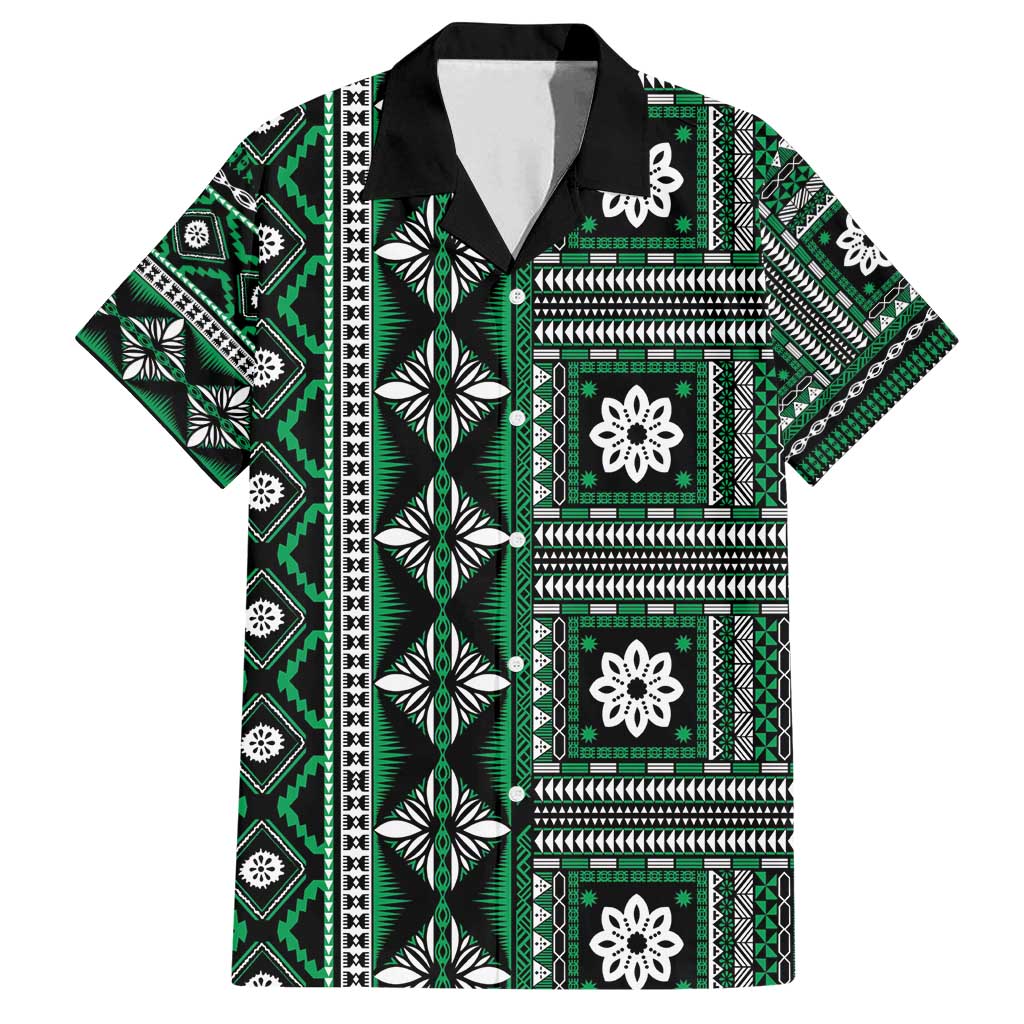 Fiji Masi Tapa Pattern Green Family Matching Off Shoulder Short Dress and Hawaiian Shirt - Polynesian Pride