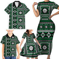 Fiji Masi Tapa Pattern Green Family Matching Short Sleeve Bodycon Dress and Hawaiian Shirt - Polynesian Pride