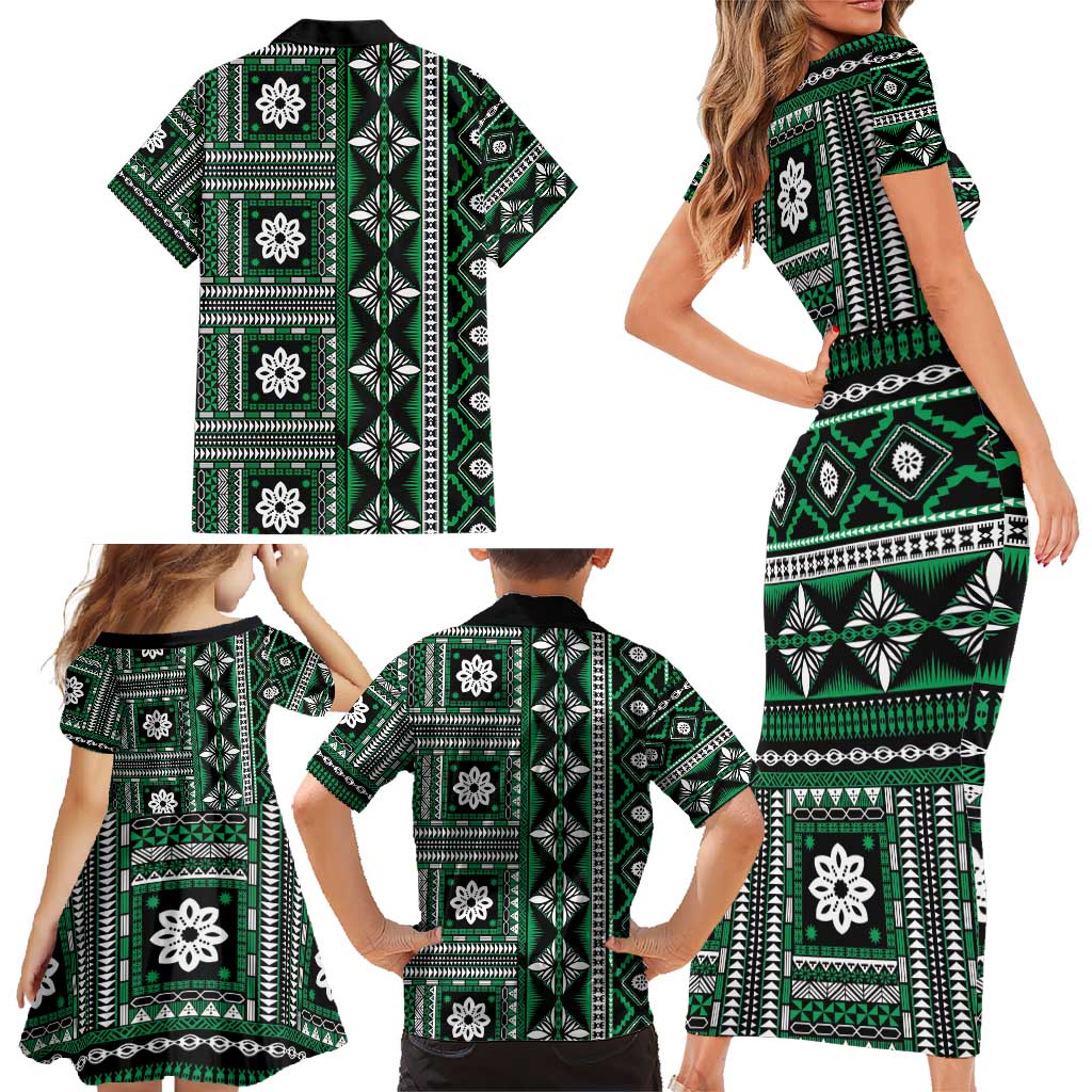 Fiji Masi Tapa Pattern Green Family Matching Short Sleeve Bodycon Dress and Hawaiian Shirt - Polynesian Pride