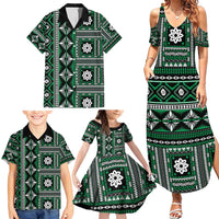 Fiji Masi Tapa Pattern Green Family Matching Summer Maxi Dress and Hawaiian Shirt - Polynesian Pride