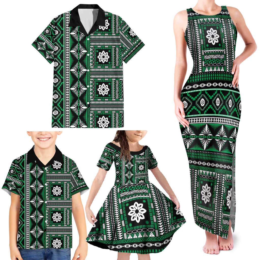 Fiji Masi Tapa Pattern Green Family Matching Tank Maxi Dress and Hawaiian Shirt - Polynesian Pride