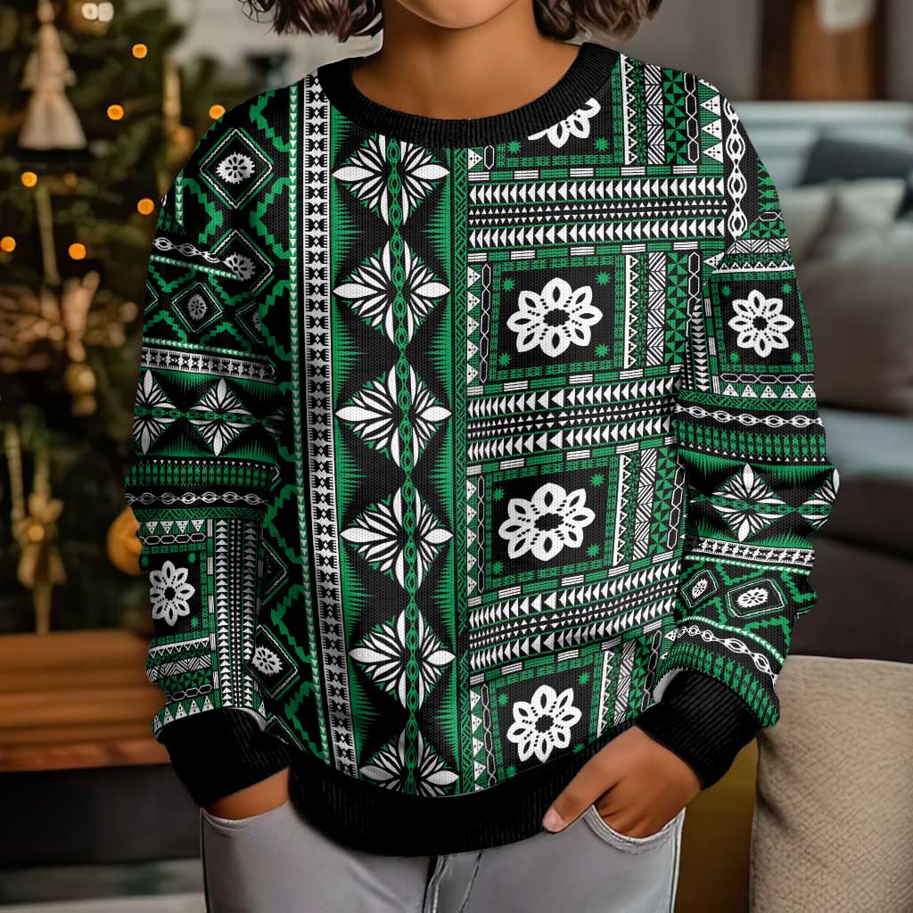 Fiji Masi Tapa Pattern Green Kid Ugly Christmas Sweater - Polynesian Pride