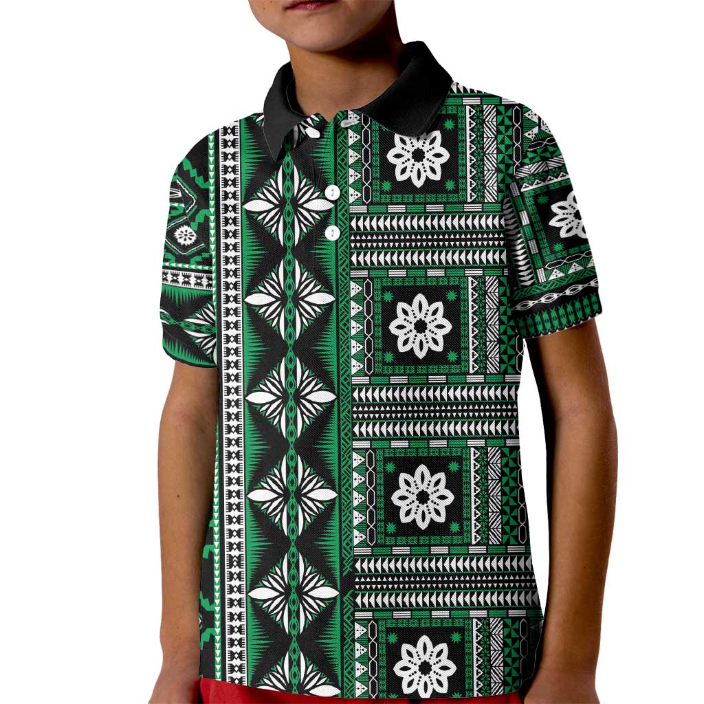 Fiji Masi Tapa Pattern Green Kid Polo Shirt - Polynesian Pride