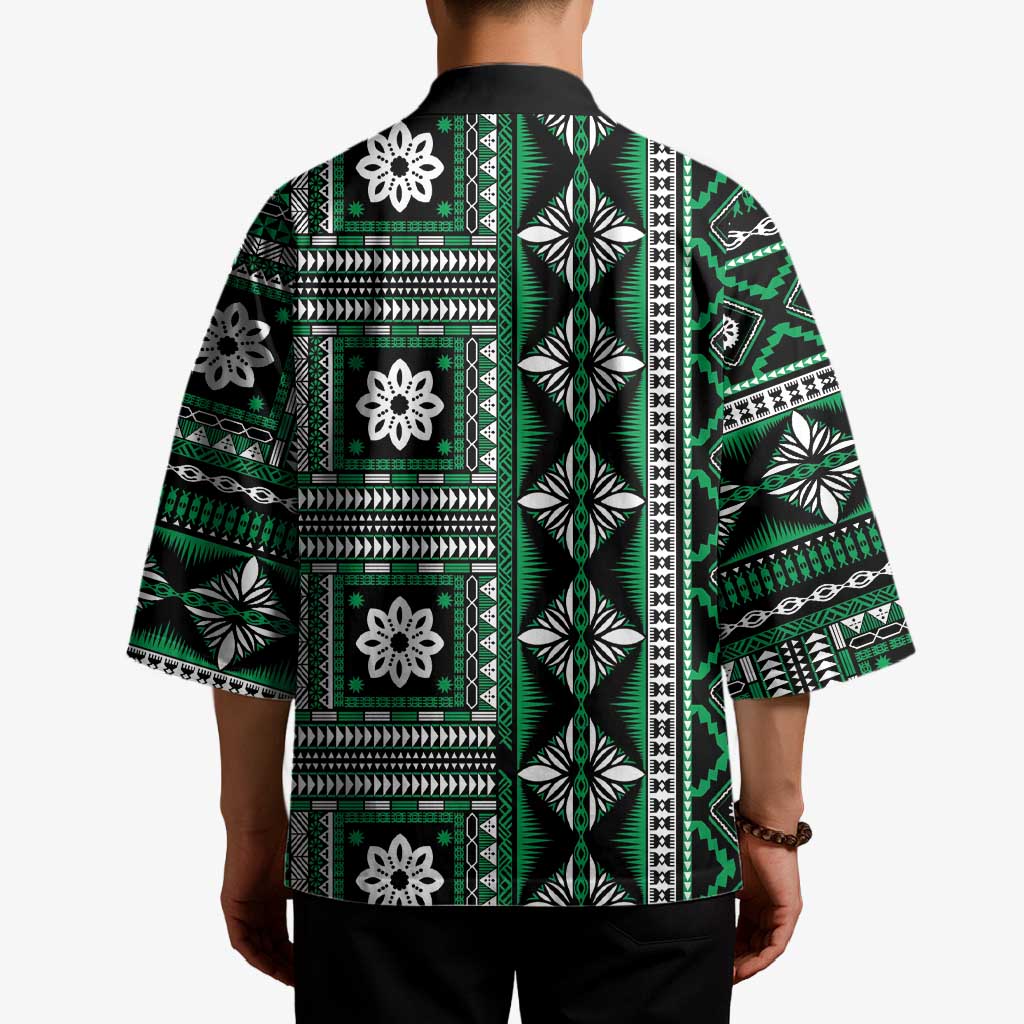 Fiji Masi Tapa Pattern Green Kimono - Polynesian Pride
