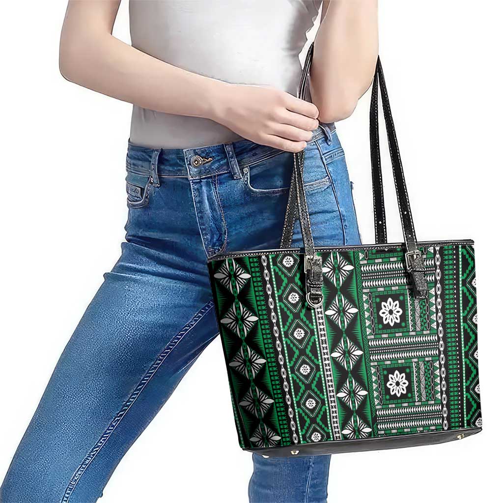 Fiji Masi Tapa Pattern Green Leather Tote Bag - Polynesian Pride