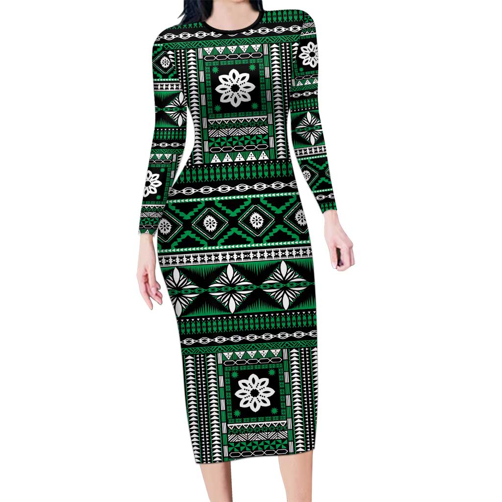 Fiji Masi Tapa Pattern Green Long Sleeve Bodycon Dress - Polynesian Pride