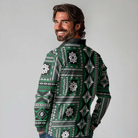 Fiji Masi Tapa Pattern Green Long Sleeve Polo Shirt - Polynesian Pride