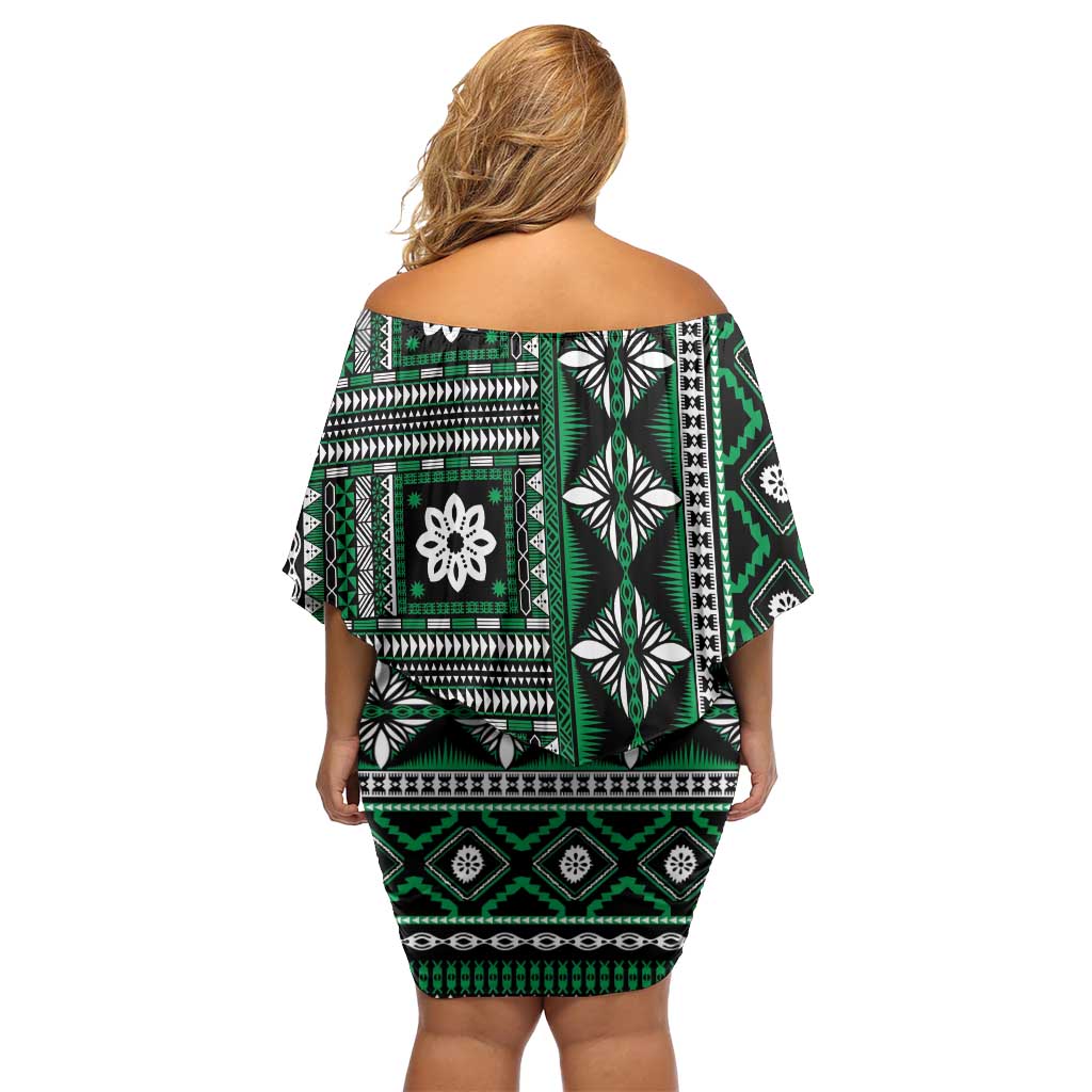Fiji Masi Tapa Pattern Green Off Shoulder Short Dress - Polynesian Pride