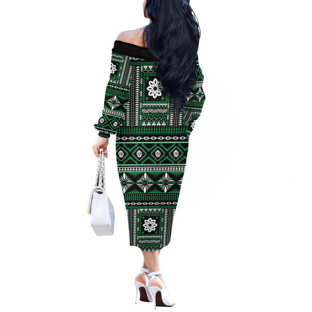 Fiji Masi Tapa Pattern Green Off The Shoulder Long Sleeve Dress - Polynesian Pride