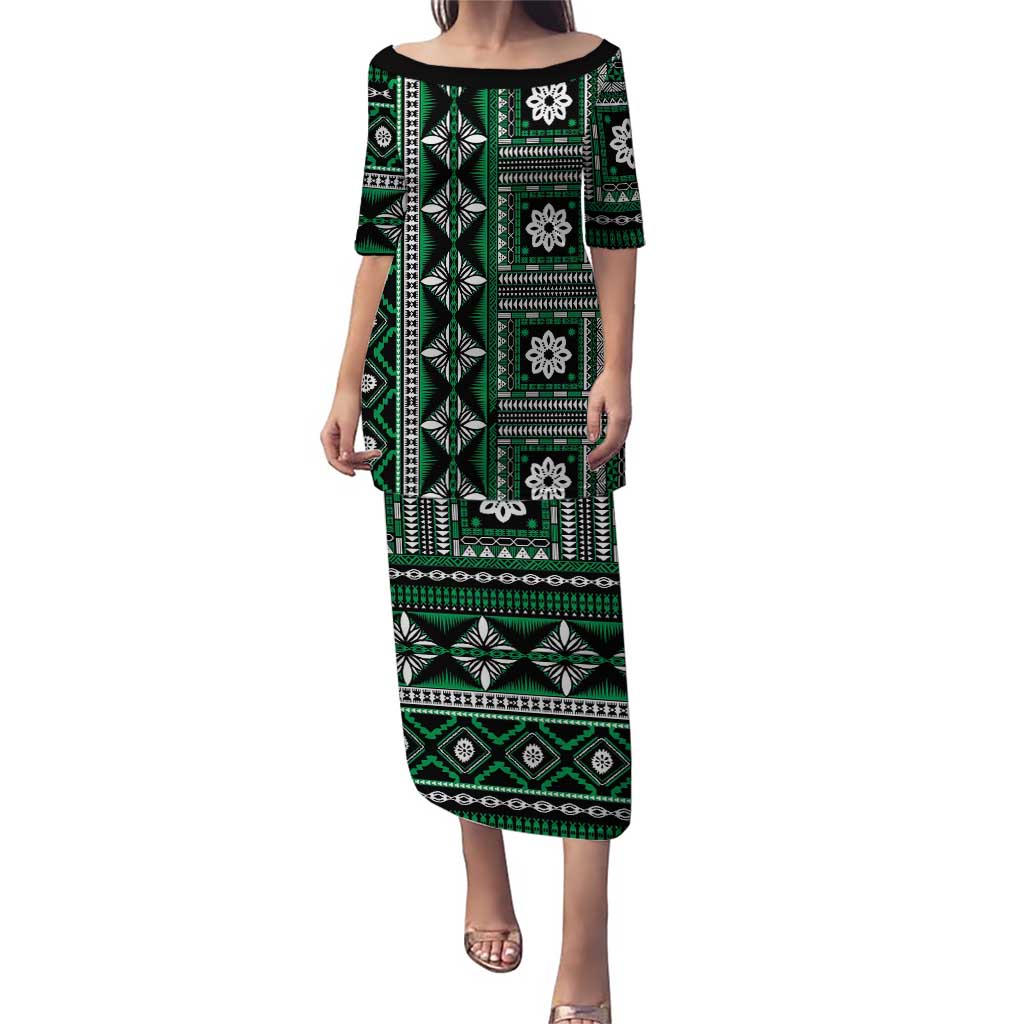 Fiji Masi Tapa Pattern Green Puletasi - Polynesian Pride