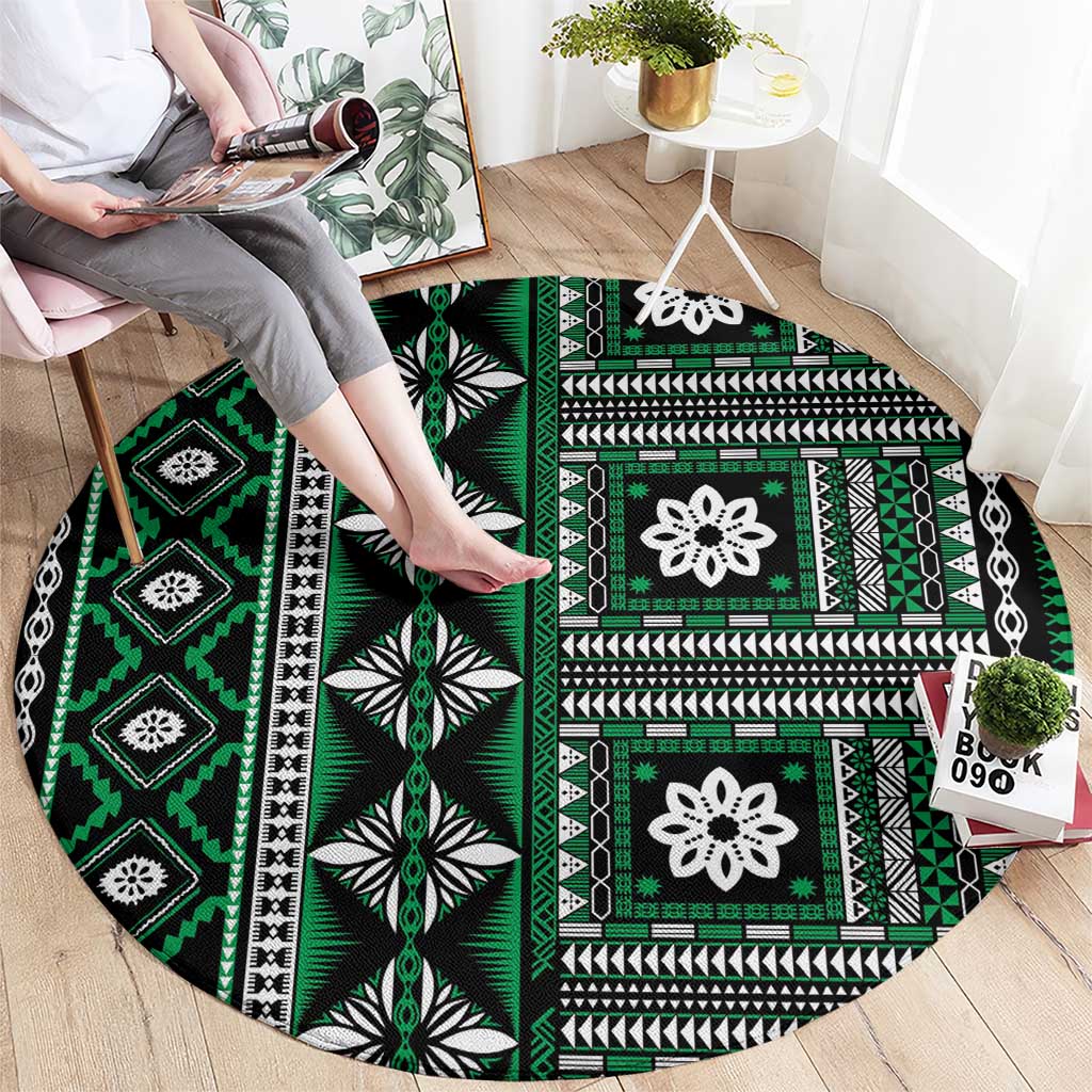 Fiji Masi Tapa Pattern Green Round Carpet - Polynesian Pride