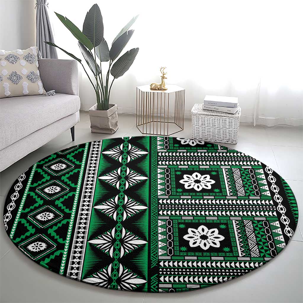 Fiji Masi Tapa Pattern Green Round Carpet - Polynesian Pride