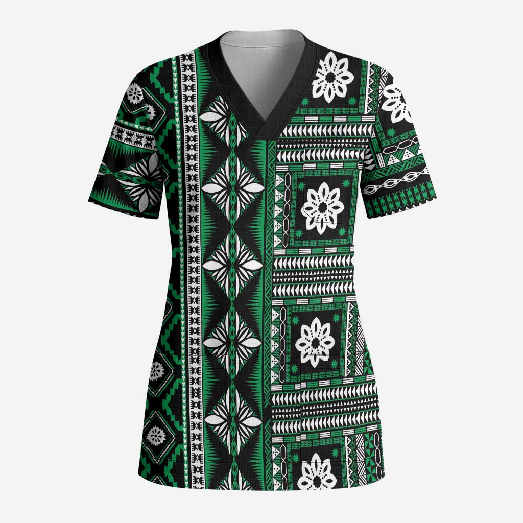 Fiji Masi Tapa Pattern Green Scrub Top - Polynesian Pride