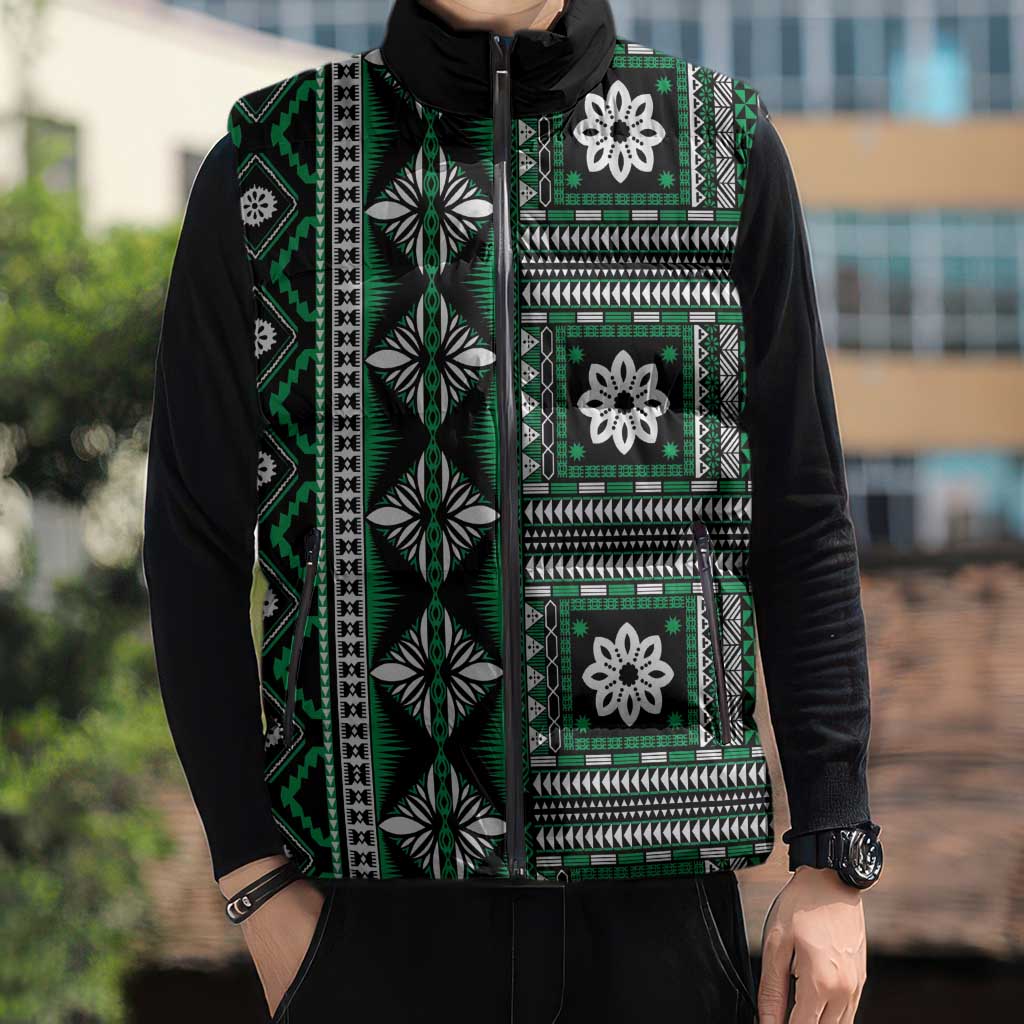 Fiji Masi Tapa Pattern Green Sleeveless Puffer Jacket - Polynesian Pride
