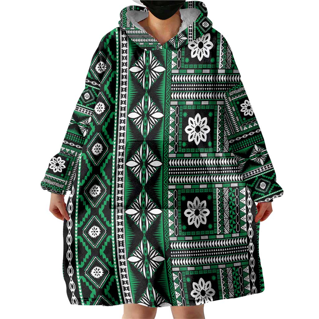 Fiji Masi Tapa Pattern Green Wearable Blanket Hoodie - Polynesian Pride
